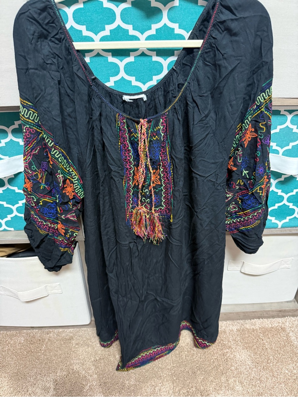 Black Embroidered Peasant Tunic with Multicolor Tassels